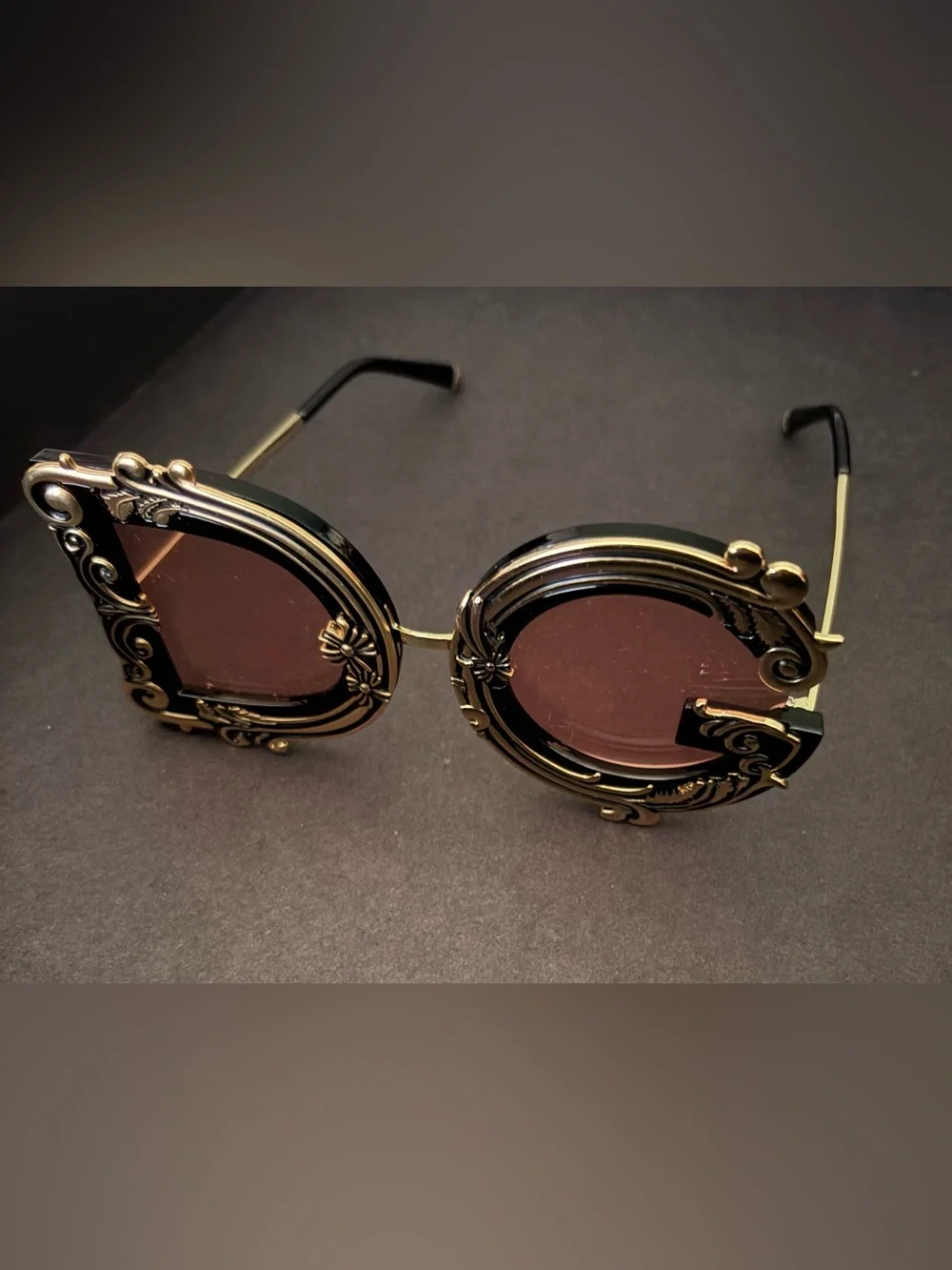 Dolce and Gahanna DG  Ornate Gold Frame Oval Sunglasses with Burgundy Lenses